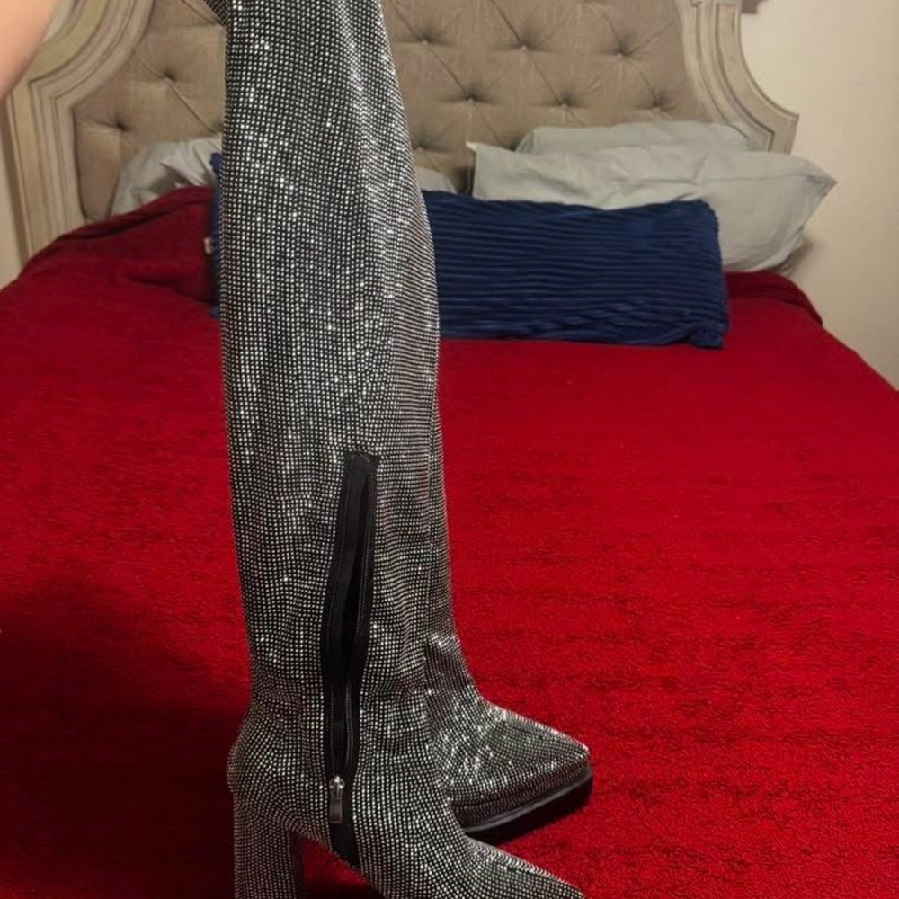 Fashion Nova Glittering Silver Heeled Boots